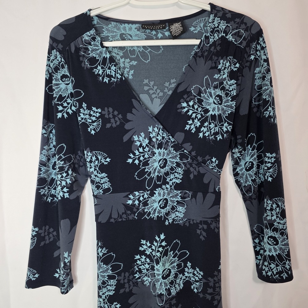 Apostrophe Stretch‎ Floral Wrap Style Top Blue Black Long Sleeve Women Y2K M